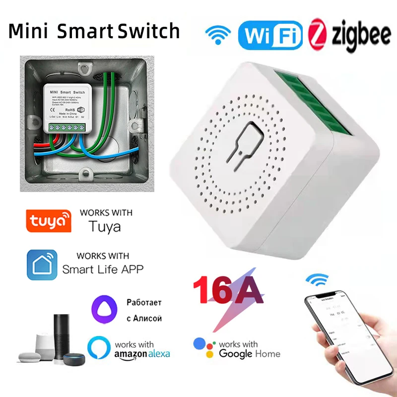 10A 16A Tuya Zigbee WIFI Mini Smart Light Switch DIY 2-Tee kaugjuhtimise Lüliti Töötab Alexa Alice Google ' i Kodu Arukas Elu