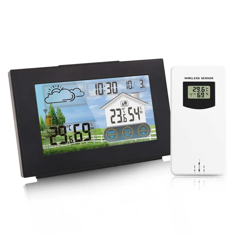 FanJu Kodus Digitaalne Äratuskell Väljas Termomeeter Hygrometer Ilm Vaadata Wireless Sensor Aja Jooksul Tabel Laual Puutetundlik Ekraan