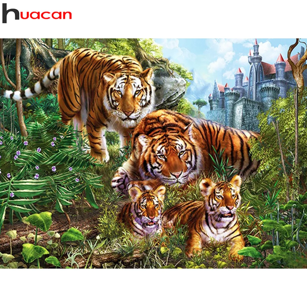 Huacan Diy Diamond Värvimine Tiger Kodu Kaunistamiseks Diamond Tikandid Loomade Looduslik Maastik Mosaiik Kleebis Decor