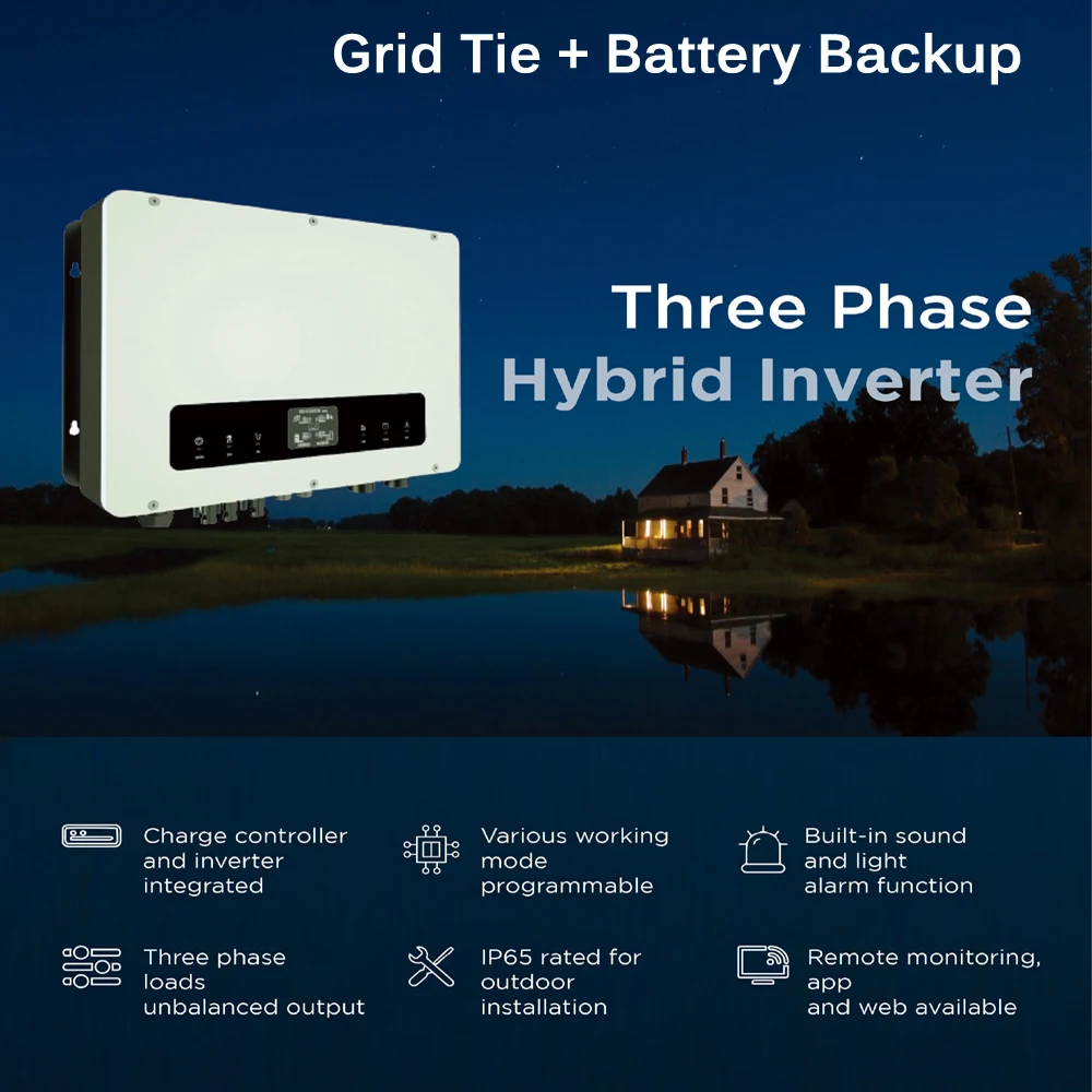Hübriid-Solar Power Inverter 4KW 5KW 6KW 8KW 10KW 12KW 3-Faasiline MPPT Kohta Grid Tie WIFI Vaikimisi Veekindel IP65 Aku Backup