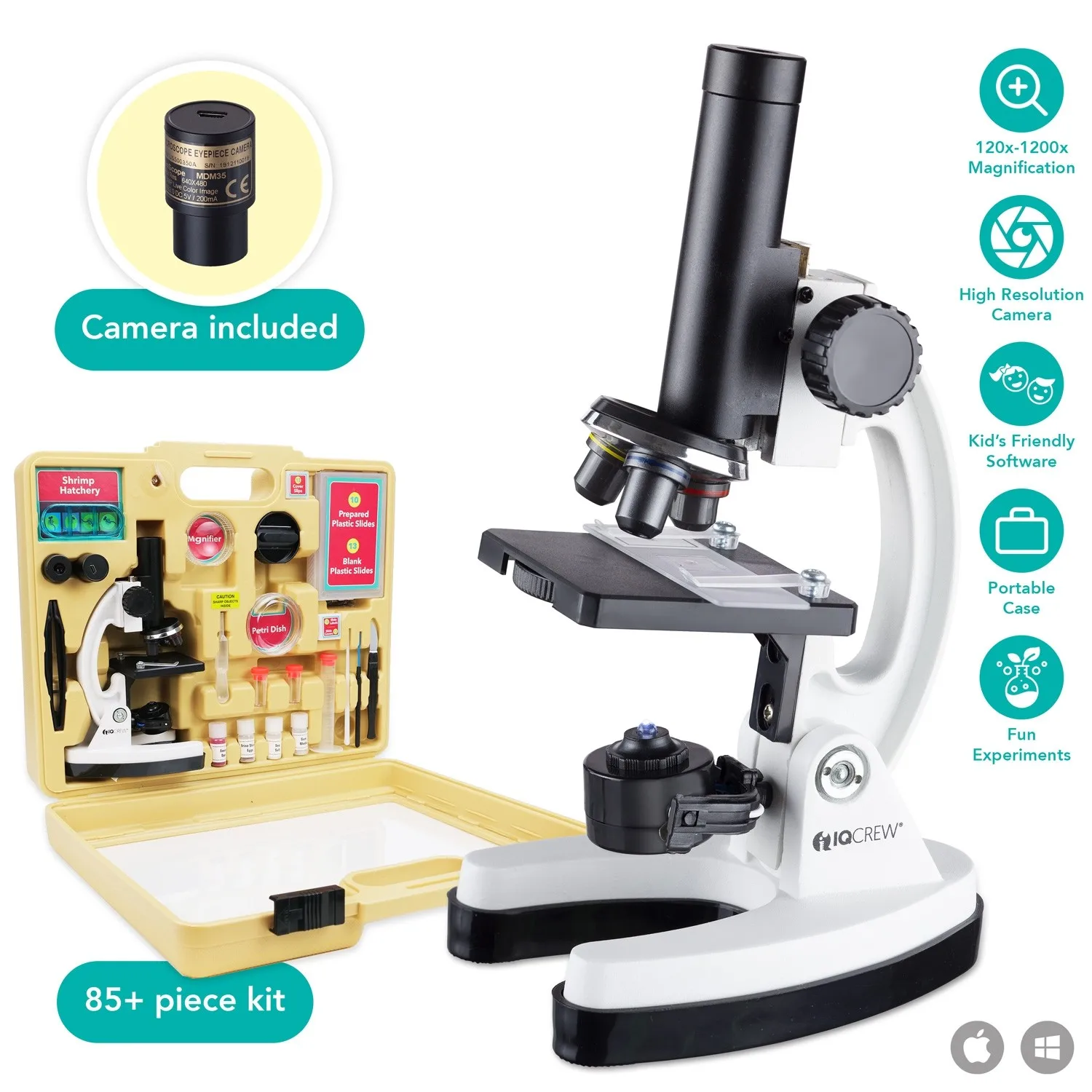 IQCREW poolt Amscope 120X – 1200X Laps on 85+ Töö Premium Mikroskoobi, Värvi Kaamera ja Interaktiivne Poiss on Sõbralik, Tarkvara Komplekt