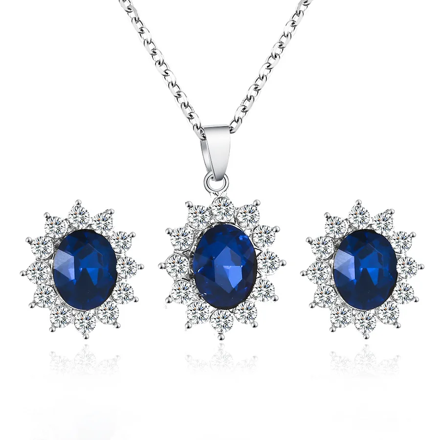 Kuninganna Royal ocean blue valge kristall kive tsirkoon ripats, kett kaelakee, kõrvarõngad Ehted komplekti