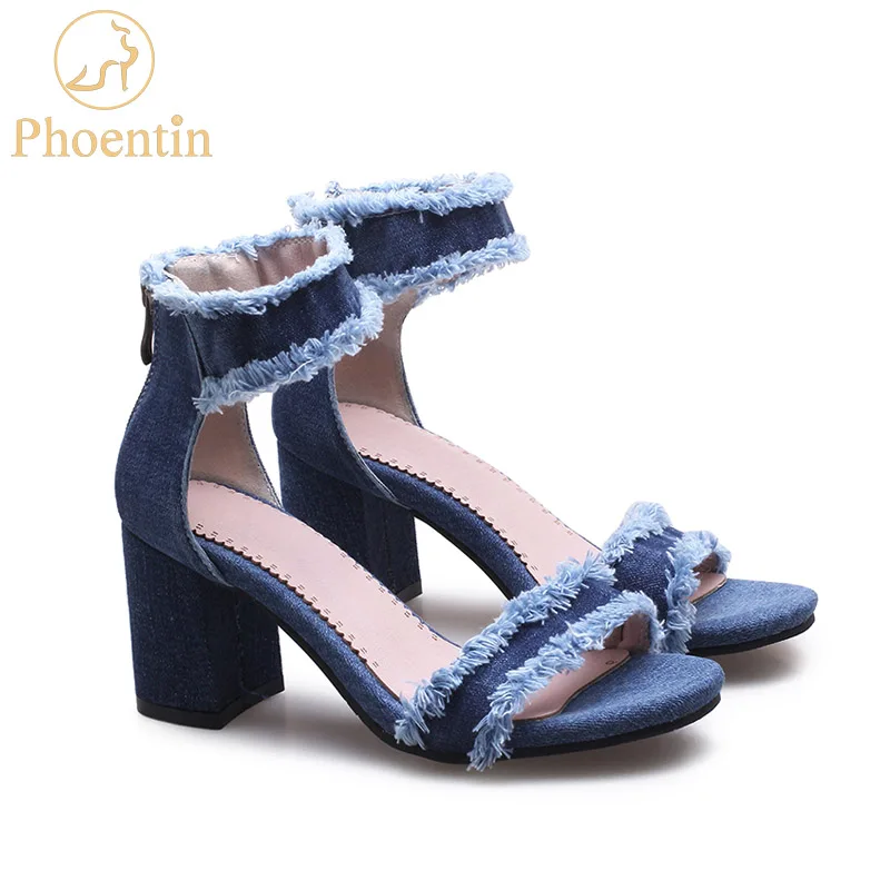 Phoentin denim sandaalid 2020 naiste pahkluu wrap naine sandaalid 2019 suvel lukuga square kõrged kontsad sinine naiste -, jalatsi-FT401