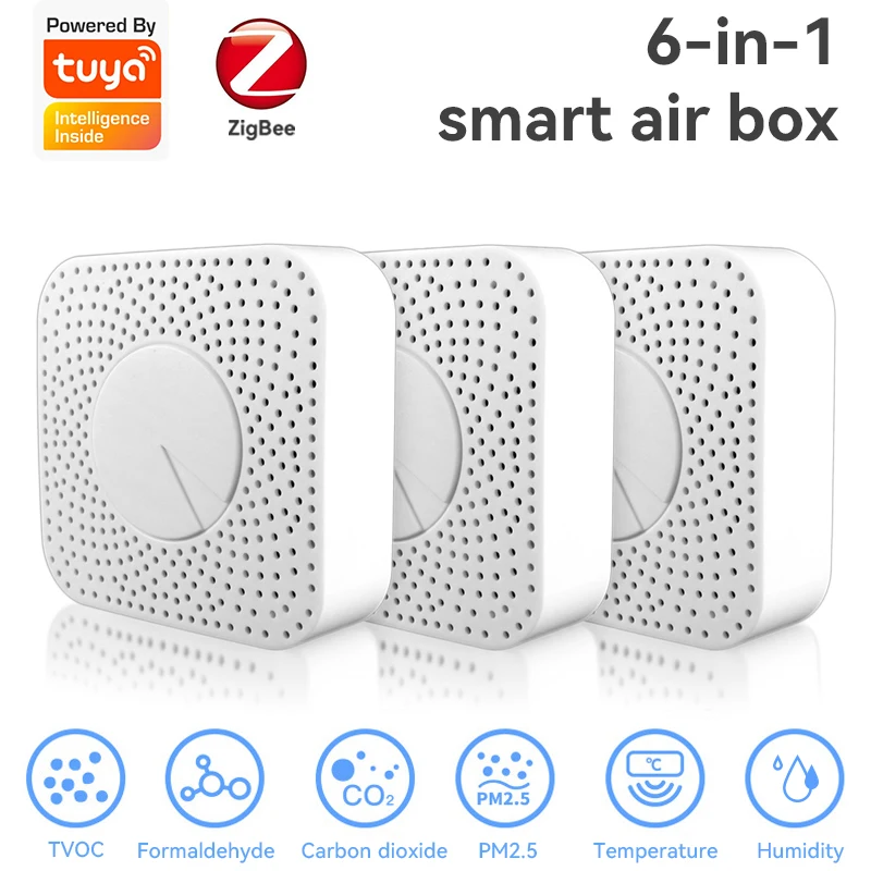 Tuya Zigbee Smart Home Õhu Kvaliteedi Andur CO2 VOC HCHO Smart Air Box Gaasi Lekke Andur Security Protection Alarm Zigbee Värav