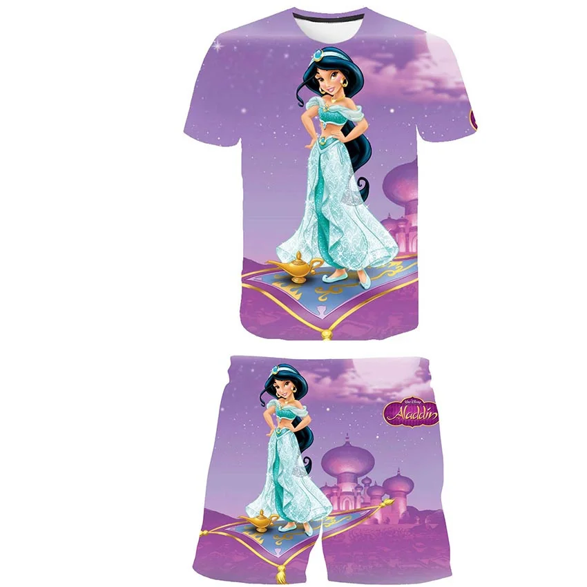 Tüdrukud Printsess Jasmine 2-osaline Komplekt Baby Suvi Disney Seeria Cartoon Casual T-särgid + Lühikesed Püksid Kostüüm Varustus 1-14 Aasta Vana