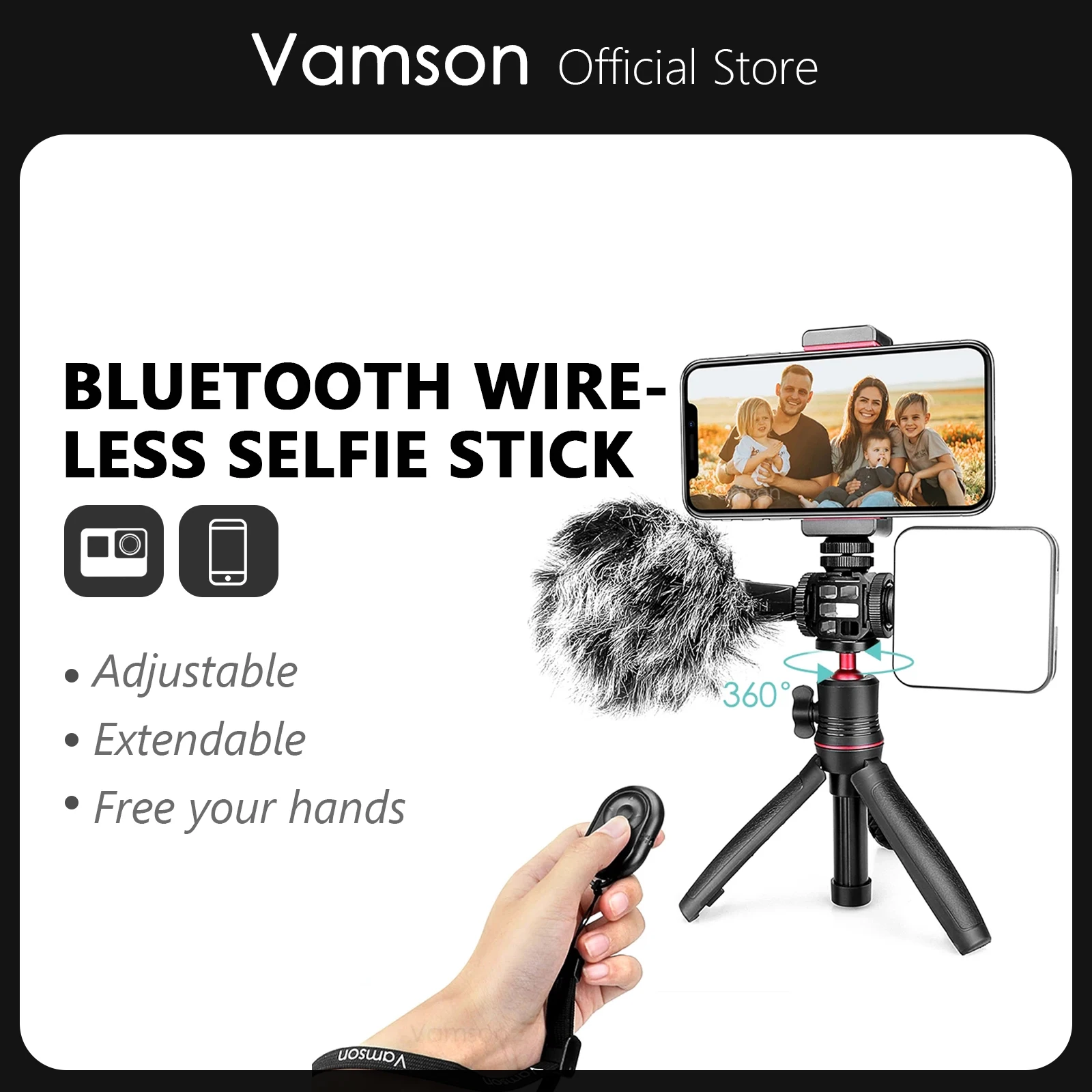 Vamson Bluetooth-Selfie Stick Mini Statiiv Monopod koos Fill Light Remote Shutter iPhone Samsung Android Live Vlog