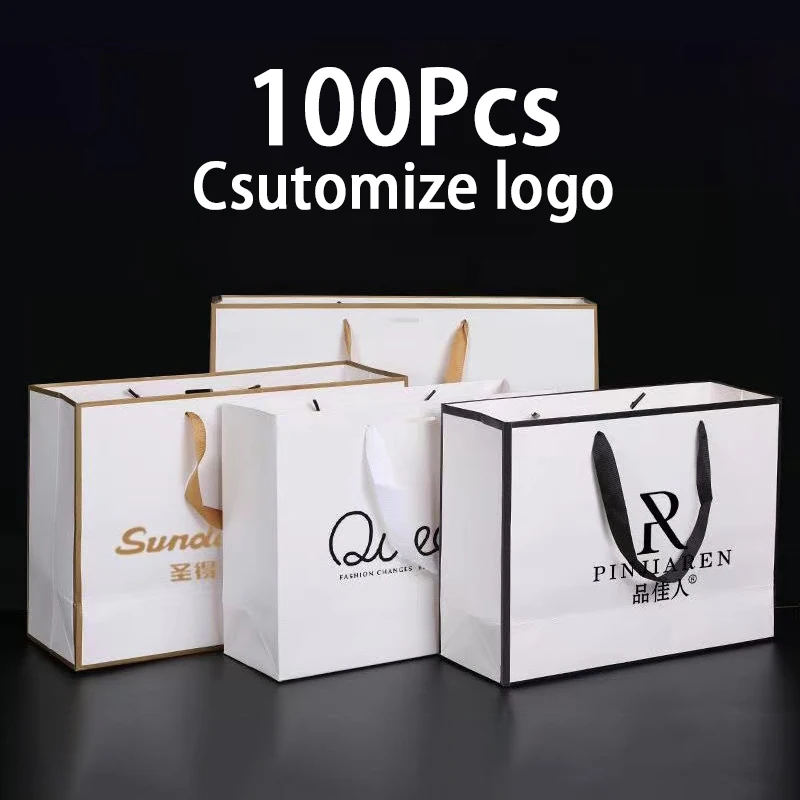 100tk Custom Logo Kingitus Paber Pakkimine Koti Personaalse Äri Shopping Riided Pakett Jõupaber Kotid Pool Pulm Tarnija