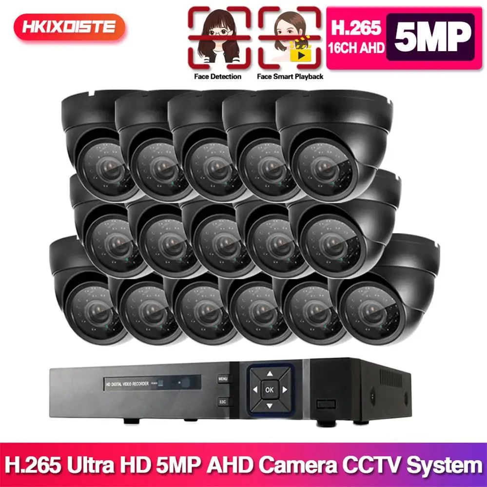 16 Channle AHD VIDEOVALVE kuppelkaamerat Security System Kit 5MP 16CH DVR Komplekt Sise-Kodu Black Kaamera P2P videovalve Komplekt H. 265