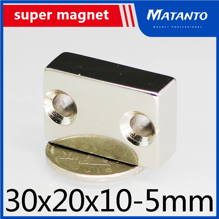 1tk Tugev Quadrate Magnet 2 augud 5mm Võimas NdFeB Magnetid 30x20x10-5mm Ploki Haruldaste Muldmetallide Magnetid 30*20*10-5mm