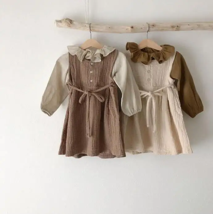 2021 uus korea laste riided sügisel laste Ruffle põhjaga särk, seelik vest baby puuvillane linane kleit