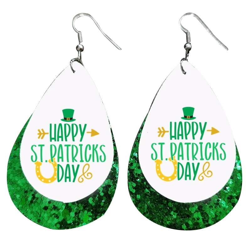 2023 Uusi KÕIK St Patricks Day Teema Kaks Kihti Roheline Glitter Õnnelik ST PATRICKS DAY Faux Nahast Kõrvarõngad