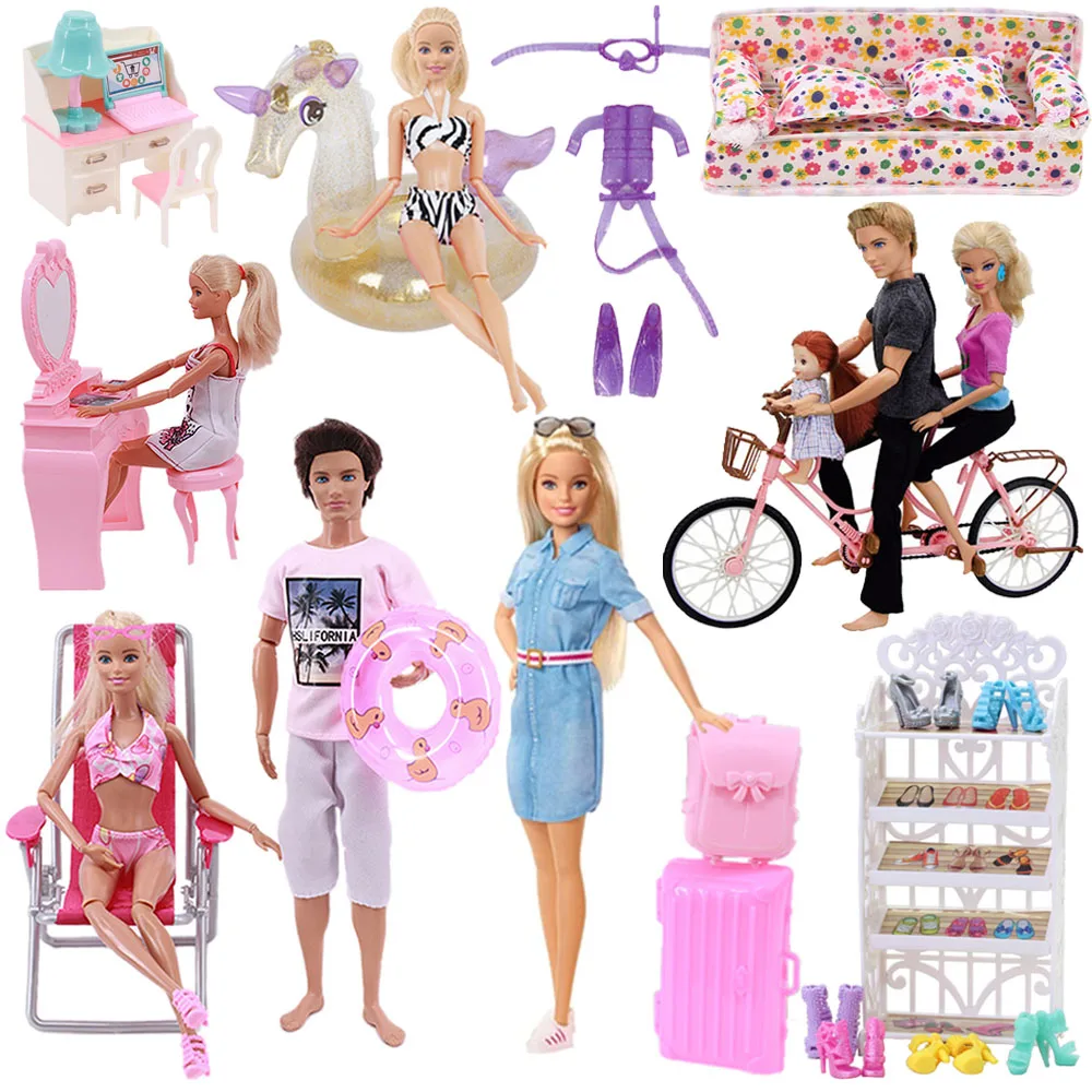 Barbies Ükssarvik Doll Riided-Jalatsid Riiul, Tarvikud, Mööbel Ranna Tool, Diivan Laud Bikiinid Ujumistrikood Jalgratas Barbies Nukk