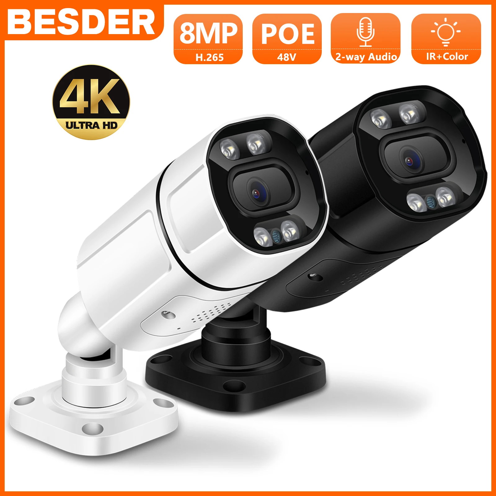 BESDER 4K 8MP POE IP-Kaamera H. 265 4MP Väljas Traadiga Bullet Kaamera Ai Humanoid liikumistuvastus IR P2P kahesuunaline Audio Alarm Kaamera