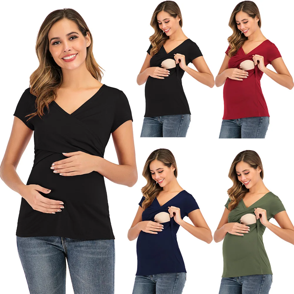 Euroopa ja Ameerika suvel rasedate, rinnaga toitvate lühikeste varrukatega rasedus riided, V-kaelus (solid color cross-söötmine hüübida