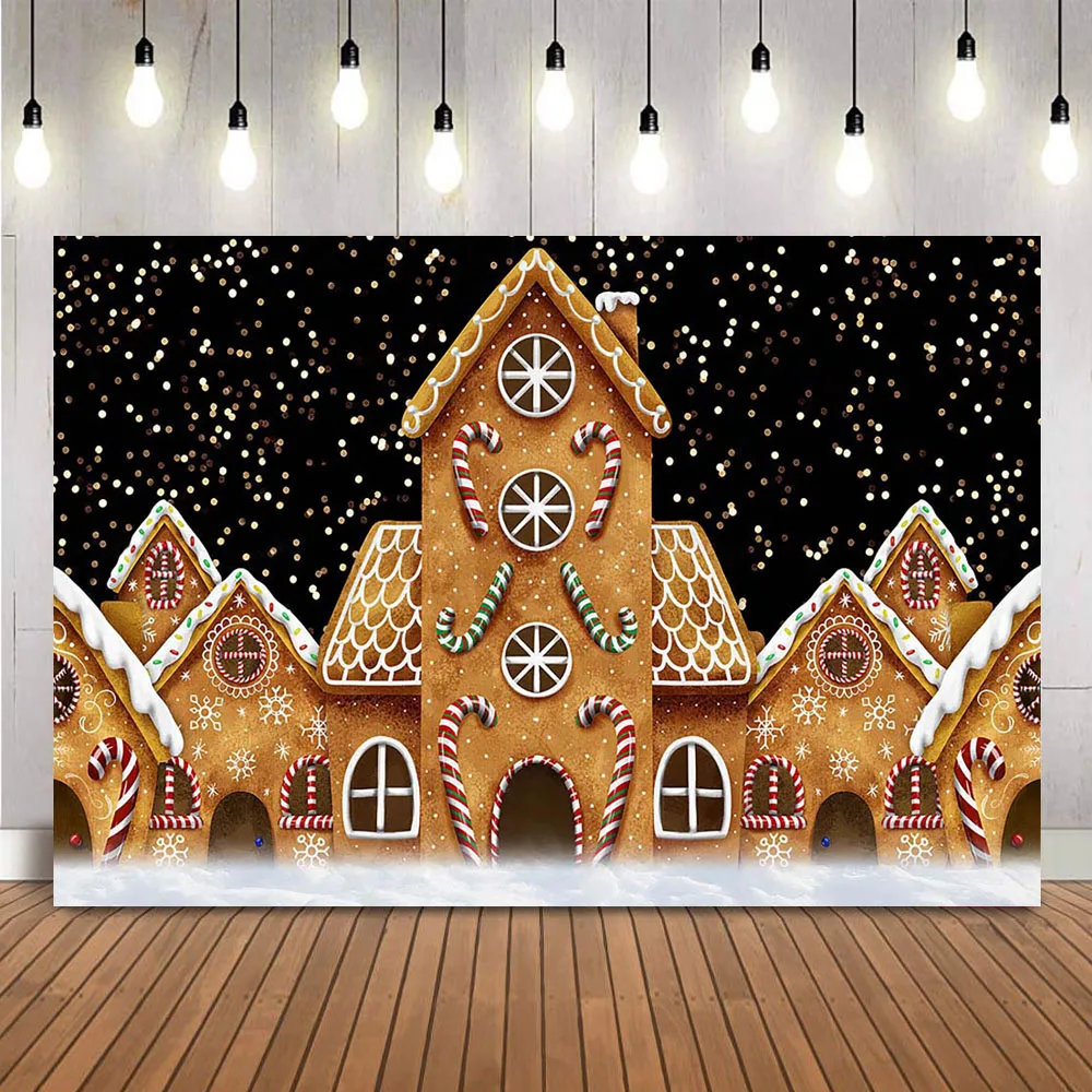 Gingerbread House Taustaks Fotograafia Talv Jõulud Lumehelves Glitter Bokeh Tausta Photo Studio Photocall Decor