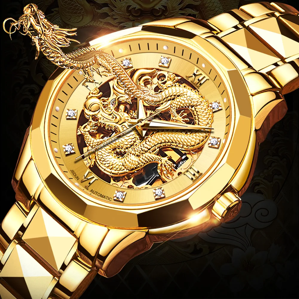 JSDUN Gold Dragon Olge Mehed Luksus Brändi Originaal Automaatne Mehaaniline Vaadata Roostevabast Terasest Rihm Õõnes-nikerdatud Mees Vaadata