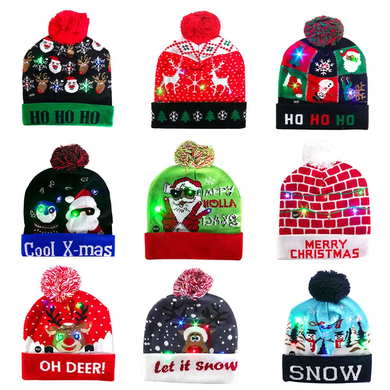 LED Jõulud Mütsid süttib Kampsun Jõuluvana Põder Silmkoelised Beanie Xmas Müts Talvine müts jõulukinke Lastele Täiskasvanute Uut Aastat