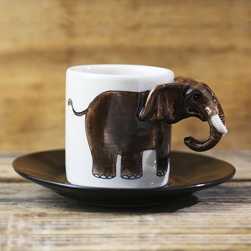 Loominguline loomade keraamiline tass cartoon elevant kruus käsitsi maalitud keraamilised kohvi tass alustass espresso coffee cup