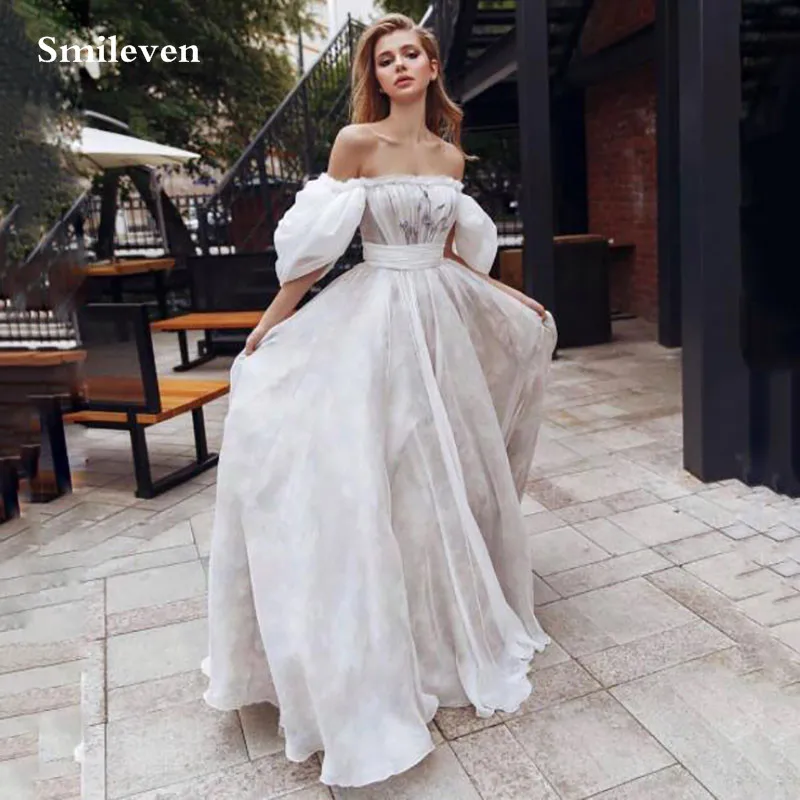 Smileven Maha Õla Printsess Prom Dress-Line 3D Lilled Õhtu Poole Kleit Puhvis Varrukad Backless Pool, Hommikumantlid 2021