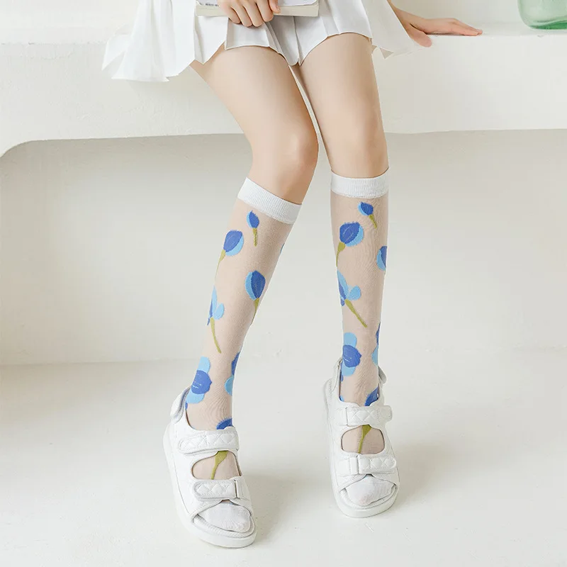 Suvel Ultra-õhuke Nailon Pikad Sokid Sukad Näha Läbi Läbipaistva Põlve Kõrge Sokid Õie Printida Jaapani Kawaii Armas Sukad