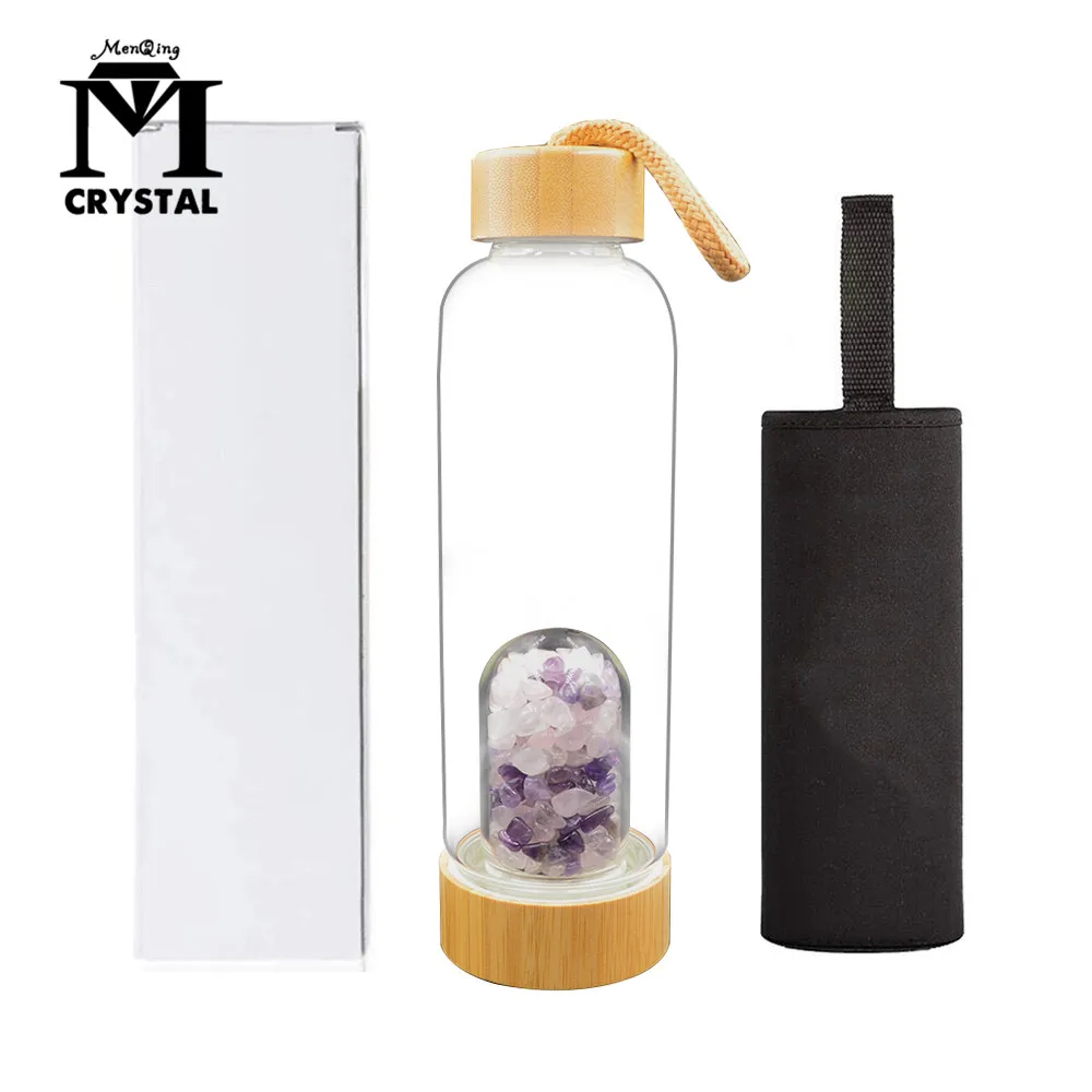 Uus Toode Looduslikud Segatud Crystal Kvarts Kruusa Gemstone Tervendav Klaas Energiat Eliksiir Juua Vett Pudeli Bambus Klaas Tass Kingitus